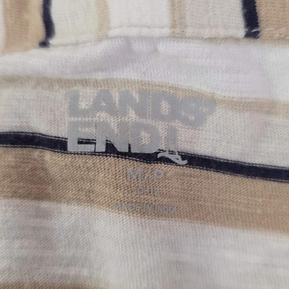 Lands End Casual Tees +‎ Short Set Women Medium Petite Blue Tan Striped Pockets